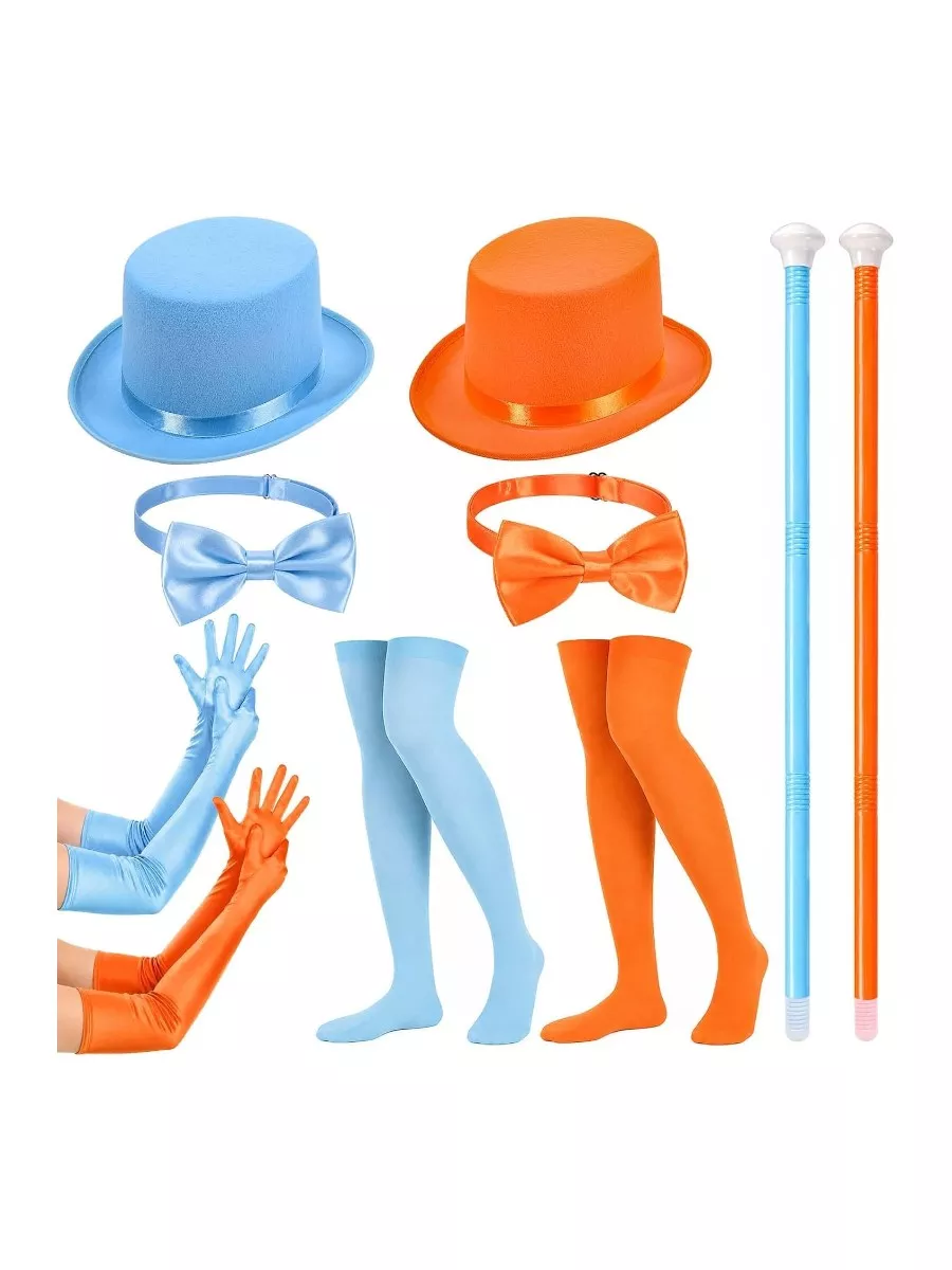 10-Piece Halloween Costume Set with Blue and Orange Top Hats, Bow Ties, Long Gloves, Stockings, and Canes