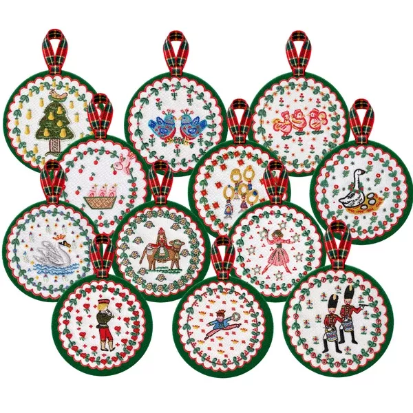 12 Days of Christmas Embroidered Ornament Set, Set of 12