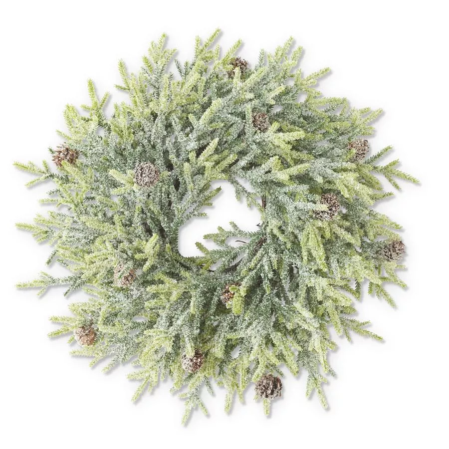 17 inch snowy juniper wreath with pinecones