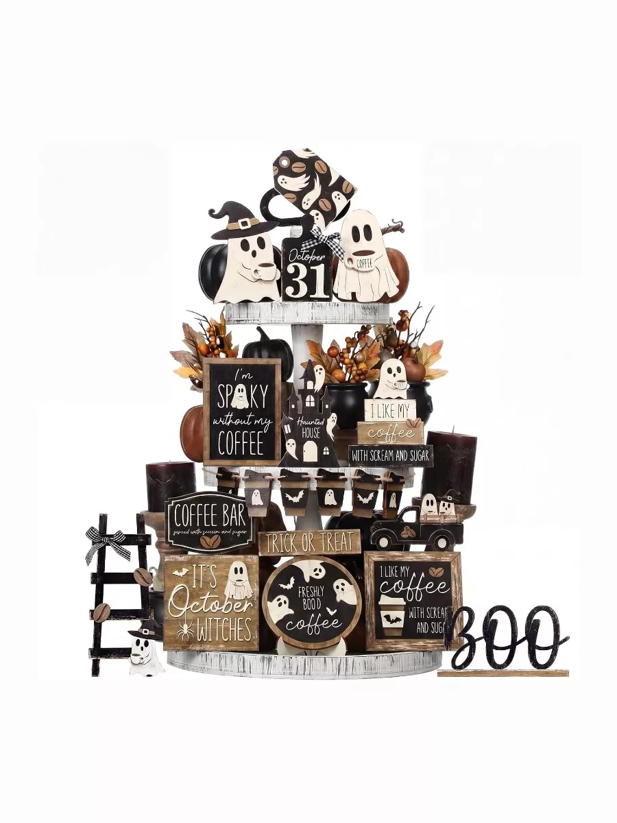 17 Pcs Halloween Ghost Coffee Tiered Tray Decor Set