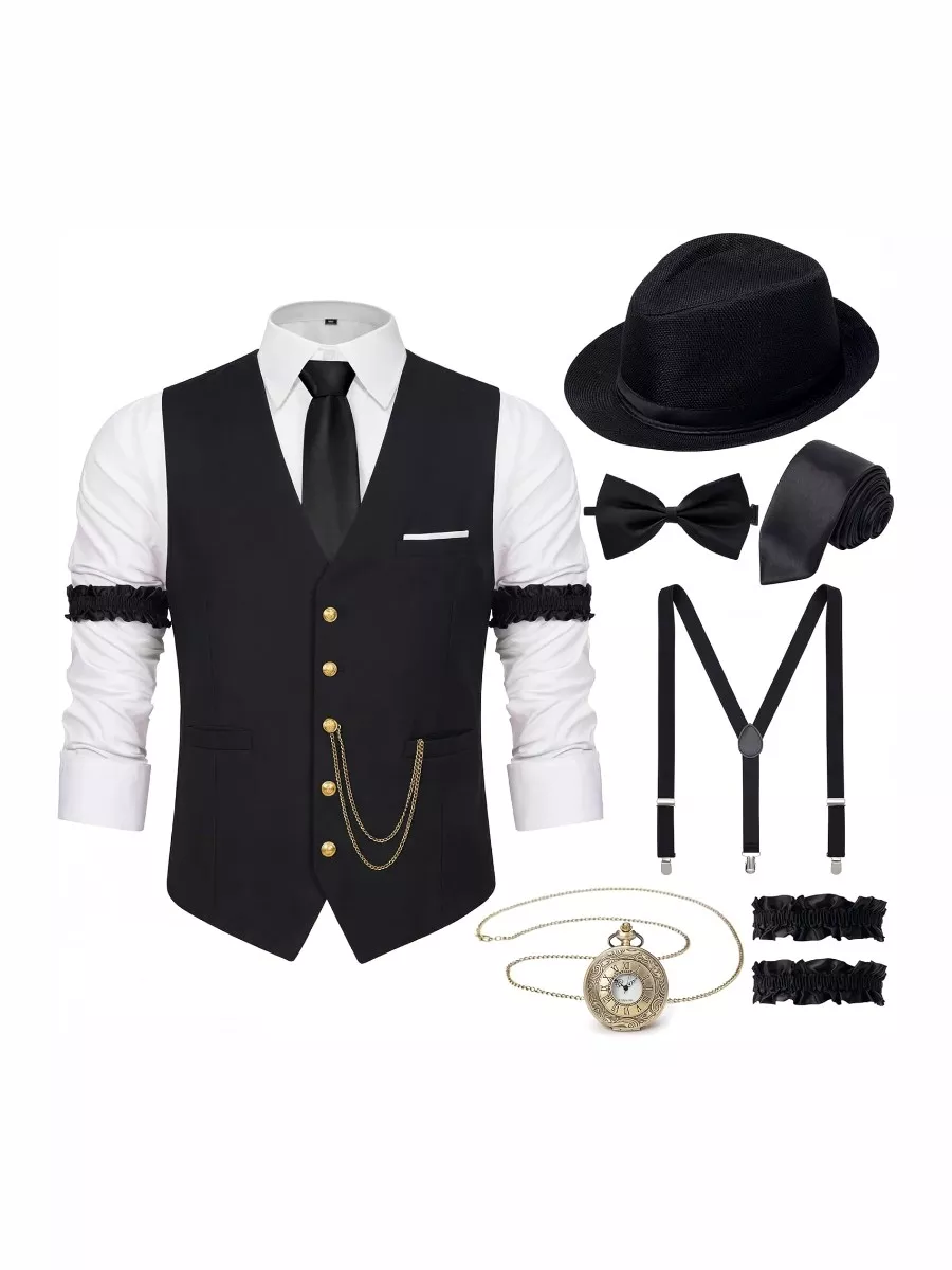1920s Men's Costume Outfit - Roaring 20s Gatsby Accessories Set with Vest and Hat