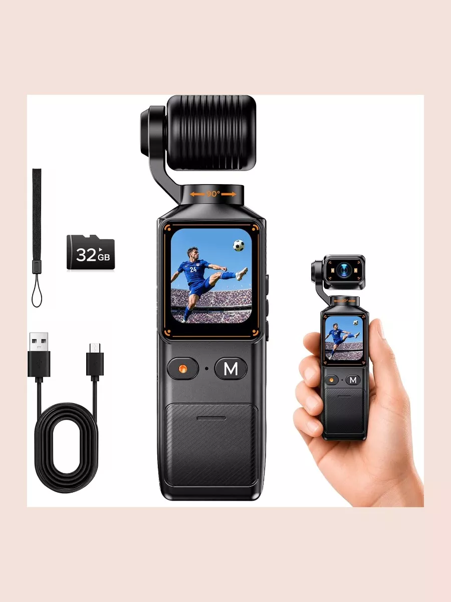 2K Vlogging Camera with 360° Rotating Lens, Pocket Camera with 32GB TF Card