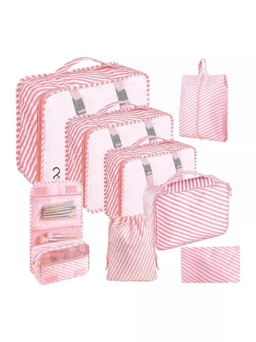 8 Set Packing Cubes for Travel, Pink Stripes