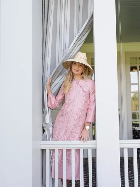 Beaded Clara Caftan in Pink Silk