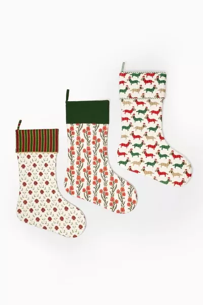 Blockprint stocking in holiday forget me not
