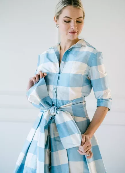 Effortlessly elegant gown in large blue check
