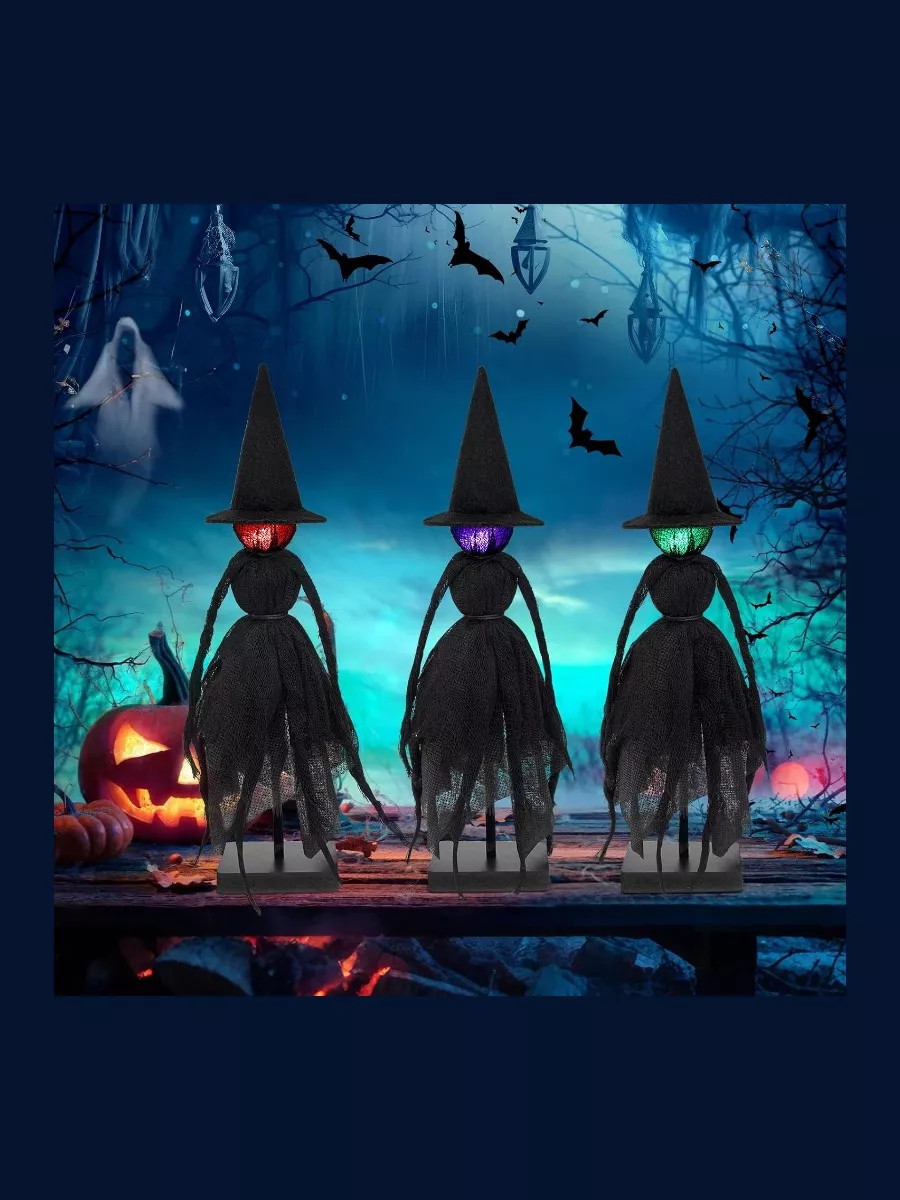 KOITHE Halloween Primitive Witch Figurines with LED Lights, Set of 3