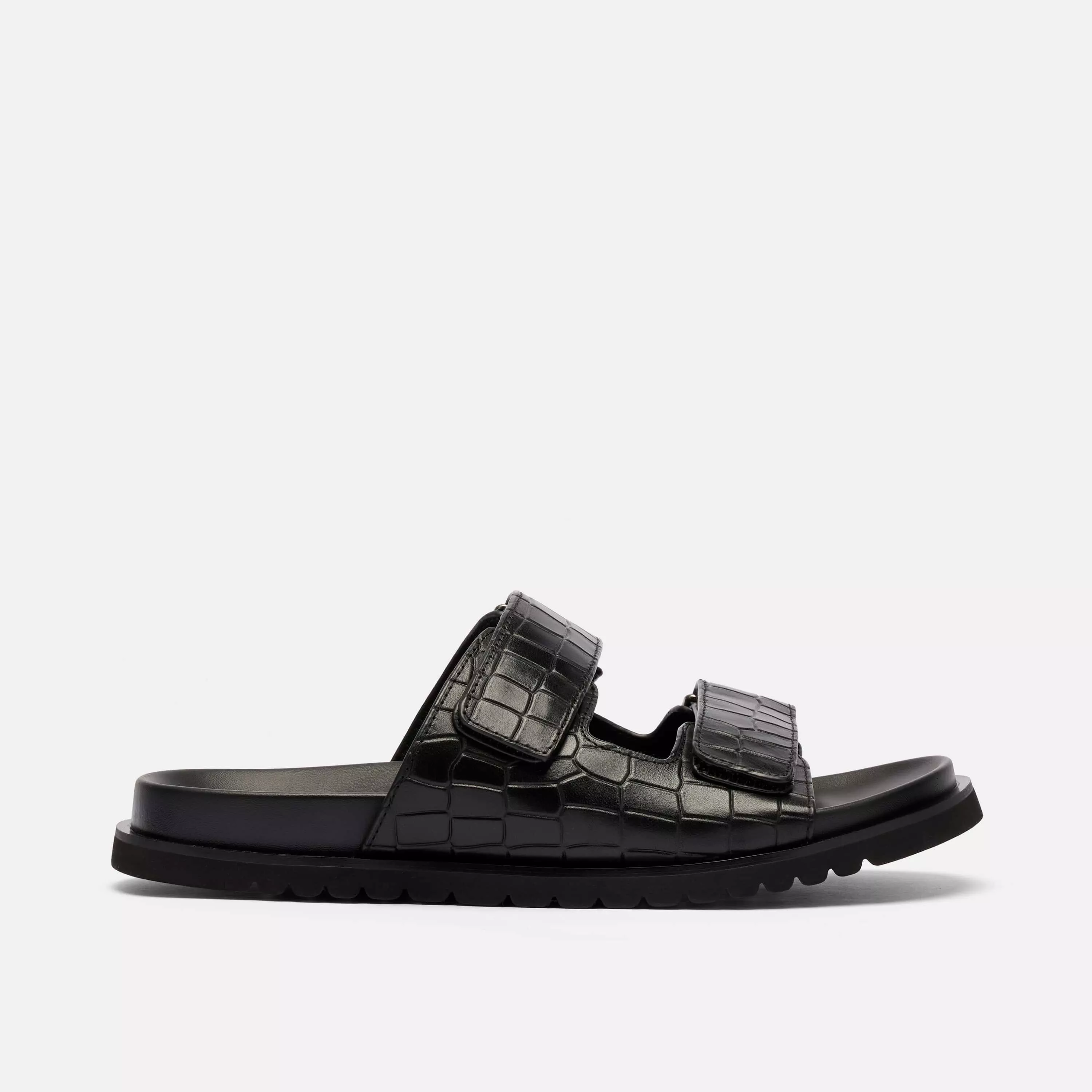 Monaco Black Crocskin Leather Strap Sandals