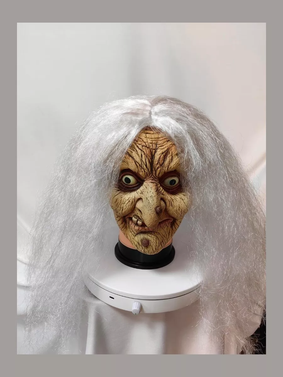 Old Lady Witch Latex Mask with White Hair
