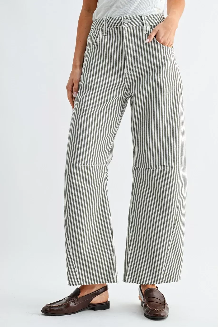 Olive Stripe Raw Hem Barrel Jean